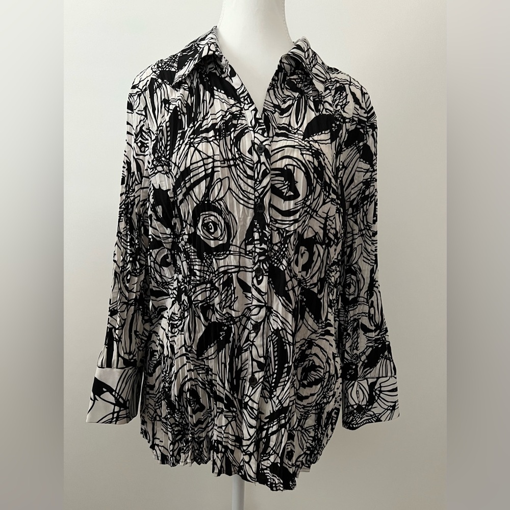 Como by Fred David Black White Abstract Floral Blouse Size XL